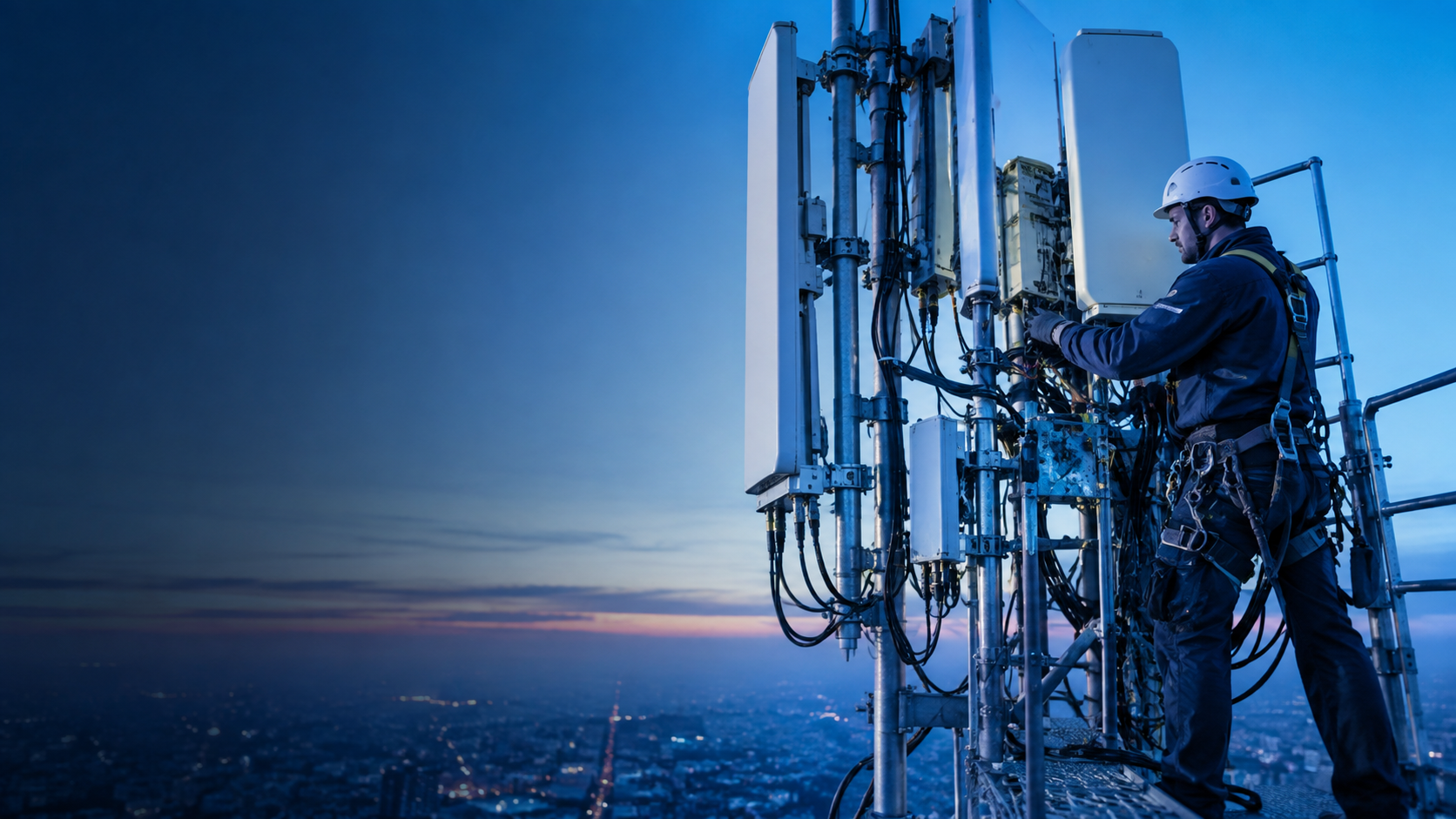 DH Telecom technicus aan het werk aan een antenne-installatie